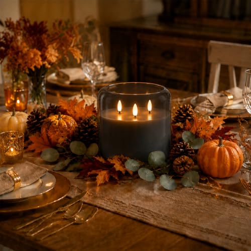 Image of Homemory 6 x 6 Inch Extra Large Flameless Candle, Grey Glass 3-Wick LED Pillar Candle with Smooth Rounded Rim, Real Wax Battery Operated Candle with Remote Control and Timer for Home Decor
