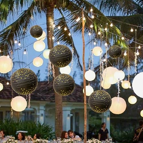 Image of Wanna Party Black Gold Party Decorations 12 inch Round Chinese Paper Lanterns,Black with golden polka dots Paper Lanterns Decorative for Wedding Graduation Anniversary Diwali Birthday Party