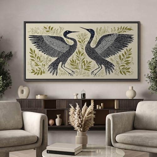 Image of MUDECOR Extra Large Framed Canvas Print Wall Art Modern Crane Birds with Green Botanical Antique Retro Ready to Hang Painting for Living Room Bedroom Multi-Sizes - 60 inchx30 inch