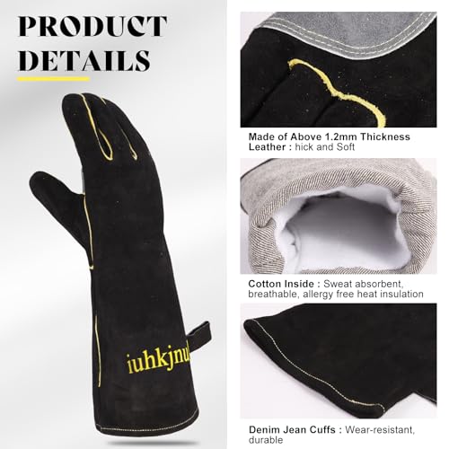 iuhkjnuh Leather Oven Gloves for Women Man, Heat Resistant Fire Long Sleeve Gloves for Tig Mig Stick BBQ Fireplace Animal Handling (16in) - Thumbnail 5