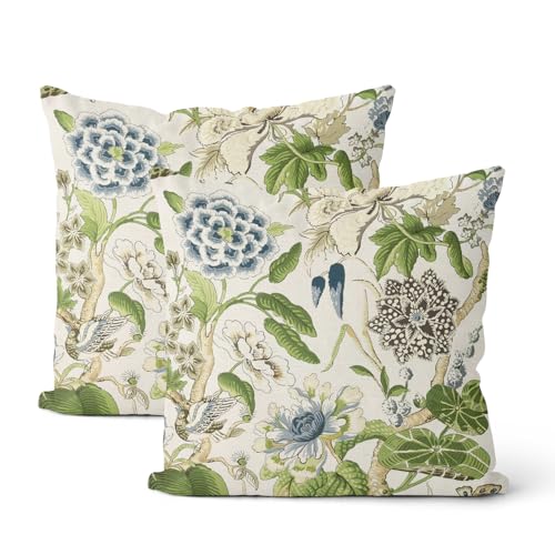 DAFENA Sage Green Boho Pillow Covers 22x22 Inch 2 Pcs Blue Green Vintage Floral Bird Decor Throw Pillows Chinoiserie Flower Seasonal Outdoor Farmhouse Pillowcase Linen Cushion Cover for Couch Sofa