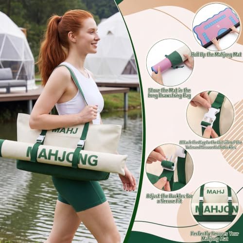 Klyyo Clyro 4 Pcs Mahjong Bags Set Tote Carrying Bag with Adjustable Mat Buckle Canvas Mahjong Rack Pushers Sleeve with 4 Divider Pockets Drawstring Long Mat Holder Zipper Tiles Case (Beige and Green) — view 4