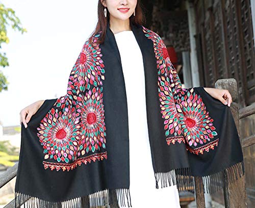 Urban Coco Women's Embroidered Oversize Tassel Shawl Scarf Wraps For Women (Black) #TOP6