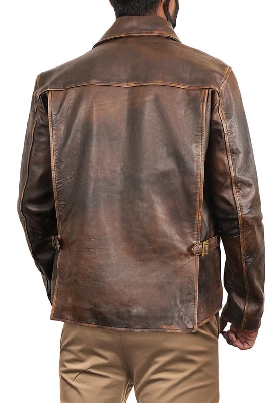 LP-FACON Mens Vintage Distressed Brown Leather Jacket - Classic Shirt Collar Style Jacket2