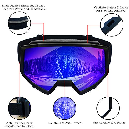 SINCA OTG Ski Goggles Snow Goggles Motorcycle Goggles Double Lens 100% UV Protection Anti Fog Anti Scratch Waterproof Winter Snow Sports Skate Goggles for Adult Men Women Youth - Thumbnail 6