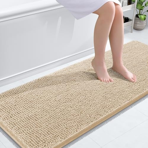 OLANLY Bathroom Rugs 59x24, Extra Soft Absorbent Chenille Bath Rugs, Rubber Backing Quick Dry, Machine Washable Bath Mats for Bathroom Floor, Tub and Shower, Home Decor Accessories, Beige