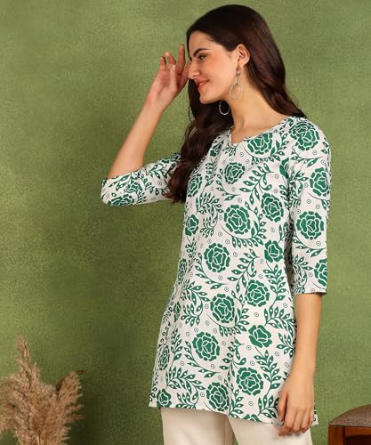 Image of DSK Studio Women's Cotton Short Kurti with Notch Neck Line 3 /4th Sleeves Floral Pattern Short Length and Regular Fit