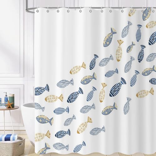 GCIREC Rideau de Douche, 120x200cm, Minimalisme Côtier Nautique à Motif de Poisson en Or Bleu Tissu Imperméable Rideau de Salle de Bain Lavable en Machine...