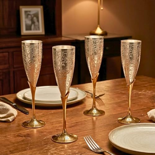 Image of DSH CRAFTING YOUR CURIOSITY Silver Plated Wine Glass Set of 4 Champagne Glass Flute Design | Goblet Glass Best For Parties, 200 ML