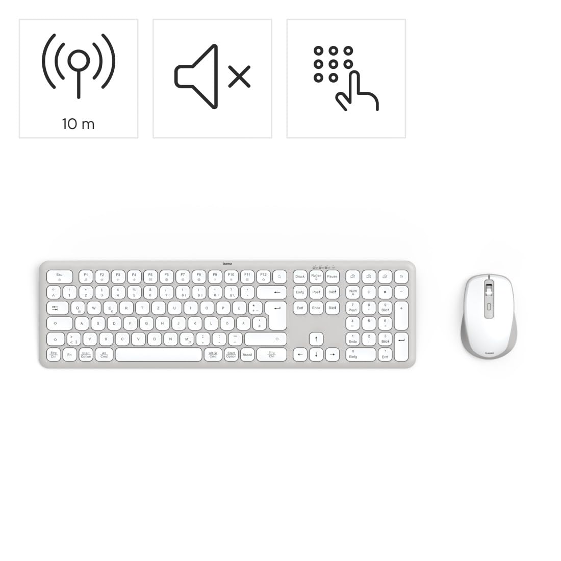 Hama Zestaw myszki do klawiatury, bezprzewodowa, 2,4 GHz przez odbiornik USB + 2 x Bluetooth do komputera, laptopa, tabletu, zasięg 10 m, niemiecki układ QWERTZ, brak odgłosów kliknięcia, zasilanie