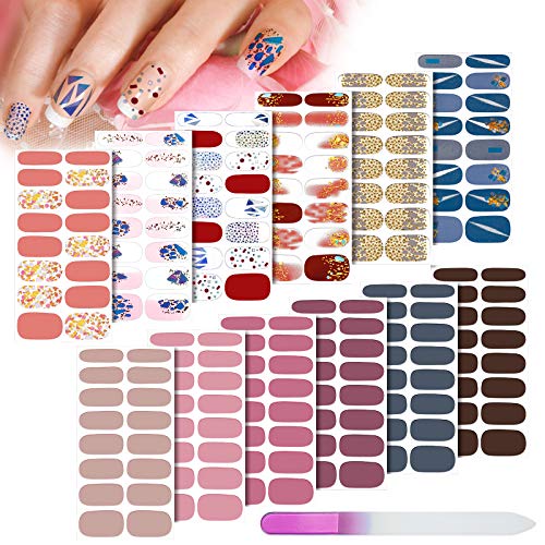 12 Sheets 192 Pieces Nail Polish Strip Stickers Full Wrap Nail Art Stickers Adhesive Nail Wraps Decals Leopard Glitter Solid Color Nail Strips Nail Art Decoration with Glass Nail File for Women Girls