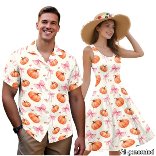 Image of Dreaweet Summer Dresses for Women A-Line Sleeveless Flowy Sun Dresses,Men's Casual Button-Down Shirts,Couple Matching Outfits