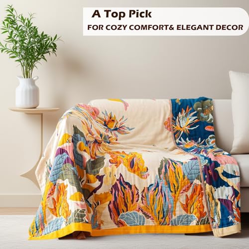 Image of VANJOROY Boho Large Throw Blanket for Bed Couch, 100% Organic Cotton Soft Queen Throw-Floral Butterfly Decor Fall Blanket for Sofa Quilt and Gift, 80 inch x 90 inch-Beige