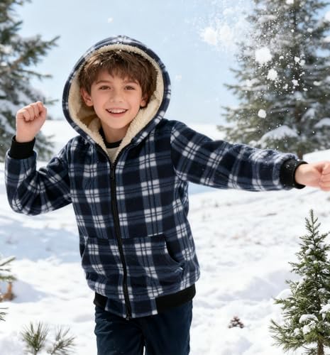 Image of Boys Fleece Jacket with Hood Unisex Child Sherpa Lined Zip Up Warm Coat Hooded Sweatshirt Outerwear