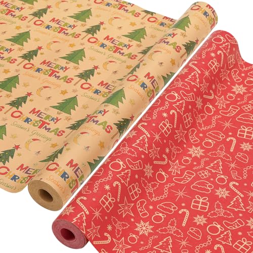 AhfuLife 2 Rollen Weihnachtsgeschenkpapier, 43cm x 15m Geschenkpapier Weihnachten Set, Nature Kraftpapier Weihnachtspapier Set für Xmas Weihnachten Papier Geburtstag Geschenk Verpackung