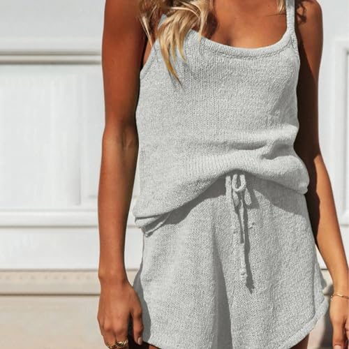 HGps8w Womens Summer Knit 2 Piece Outfits Trendy Striped V Neck Tank Tops and Shorts Matching Vacation Sets with Pockets4