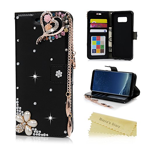 Galaxy S8 Case, Wallet Case [Folio Style][Stand Feature] Card Case Premium Protective PU Leather Flip Cover 3D Handmade Bling Diamonds Embossed Floral Butterflies Hand Strap by Mavis's Diary (Black)
