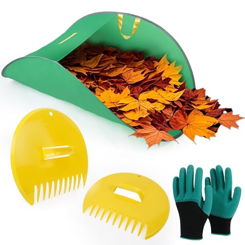 UNQBEW - Raccoglitore di foglie, sacchetti portatili pop up per foglie, sacchetti per rifiuti da giardino, con paletta per foglie, rastrelli a mano, artigli e guanti leggeri, per raccogliere foglie,