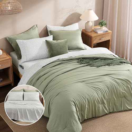 Monbix King Size Comforter Set - 7 Pieces Olive Green Prewashed Bed in a Bag King Bedding Sets with Comforters, All Seasons Ultra Soft Comforter Bed Set with Sheets,Pillowcases & Shams