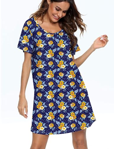 Image of ENJOYNIGHT Womens Cotton Nightgown Short Sleeve Sleepshirt Print Nightshirt | Short-Sleeve Crew Neck, Soft Cotton Fabric, Cartoon Printed Sleep Shirt, Loose Fit