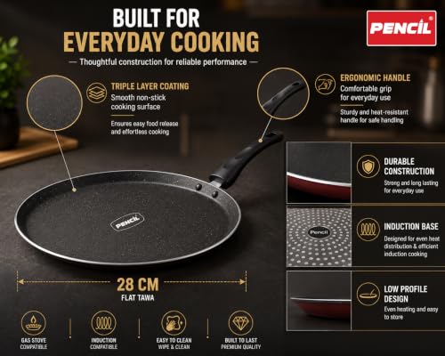 Image of Pencil Premium Non-Stick 28cm Flat Tawa | Triple Layer Coating | Induction Base Tawa | Durable and Efficient