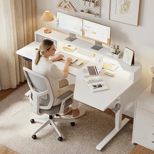 Image of Agilestic 63 Inch L Shaped Electric Standing Desk with Shelf, Height Adjustable Large Desk with Power Outlet & LED, Corner Sit Stand Up Table with Monitor Stand, Computer Workstation, White
