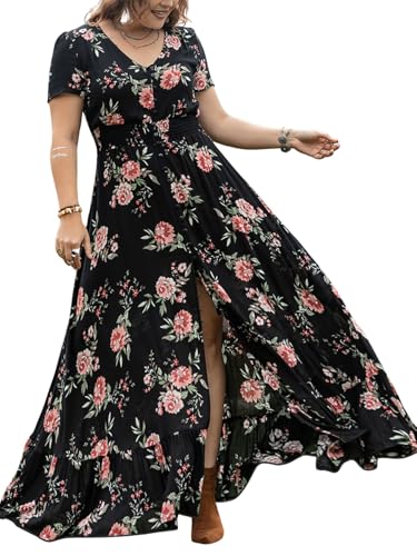 Image of SGF11 Floral Summer Dresses for Women 2026 Design Boho V Neck Short Sleeve Slit Maxi Dress Wear Casual