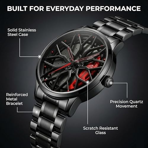 Image of Men's Quartz Watch with Rotating Alloy Wheel Dial | Brake Disc Inspired Sport Car Wheel Watch for Men & Boys, Black Stainless Steel Bracelet, Red Hands Spinner Design