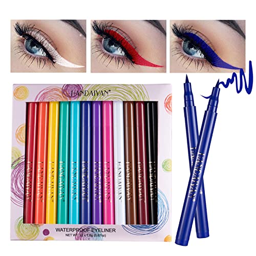 RoseFlower 12PCS Matte Rainbow Colorful Liquid Eyeliner Set, Super Sharp Soft Tip Brush, High Waterproof, Multicoloured