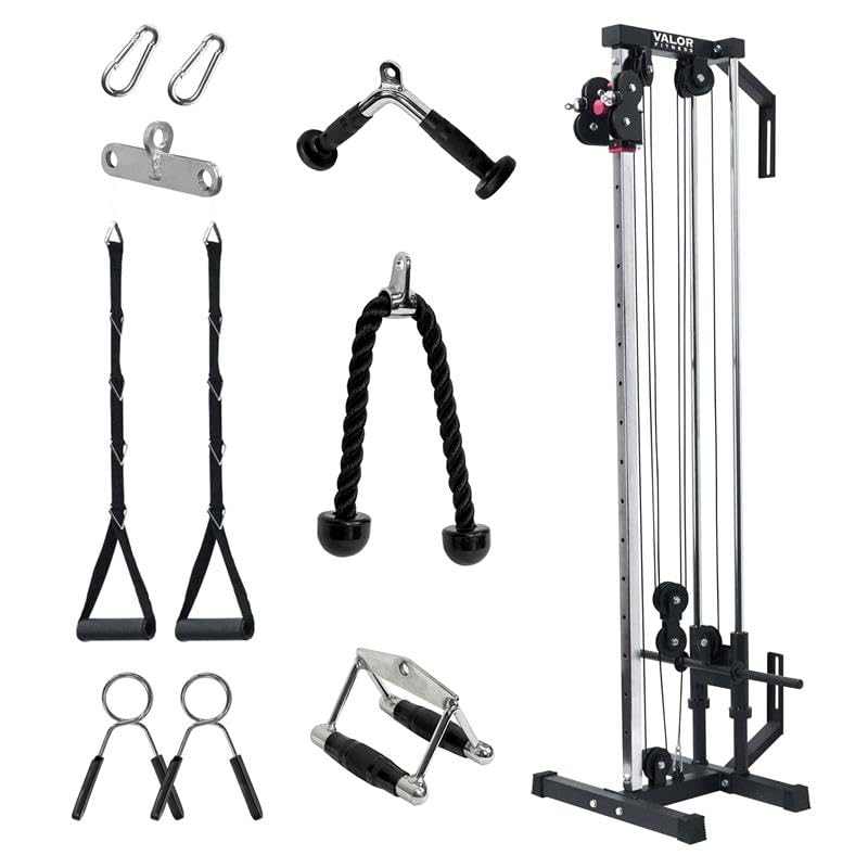 Valor Fitness Wall Mounted Cable Machine Bundle with LAT Attachment Accessories, Dual Adjustable Pulley System, 16 Height Positions, Cable Handles for Full Body Strength Training, 200 lb Capacity