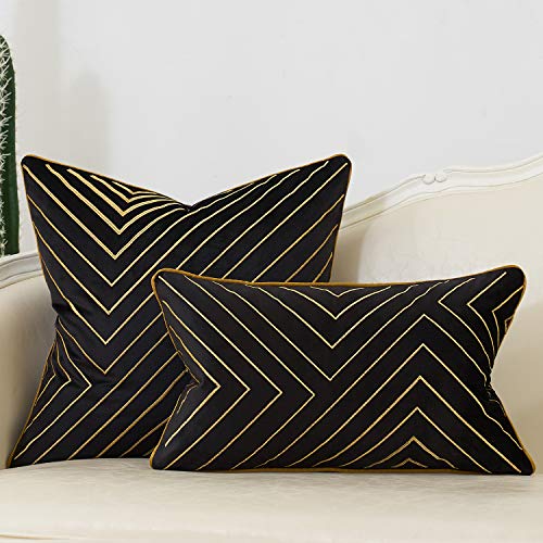 Avigers 12 X 20 Inch Black Gold Striped Geometric Lines Embroidery Velvet Cushion Case Luxury Modern Lumbar Throw Pillow Cover Decorative Pillow For Couch Living Room Bedroom Car 30 X 50Cm #TOP5