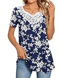 CATHY Women Summer Tunic Tops Casual Short Sleeve Fashion Crochet Lace T-shirt Pleated Fit Blouses,