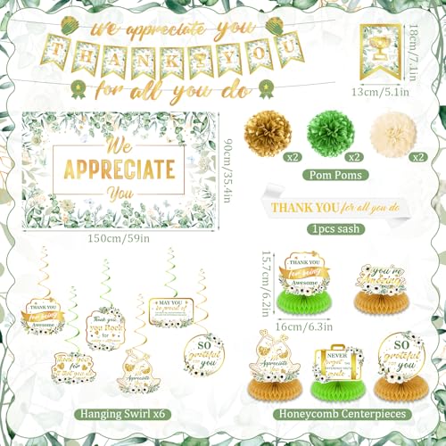 Image of We Appreciate You Party Decorations Sage Green Gold Thank You for All You Do Banner Honeycomb Centerpieces Hanging Swirls Kit for Office Employee Pastor Teacher Doctor Appreciation Party Gift Decor