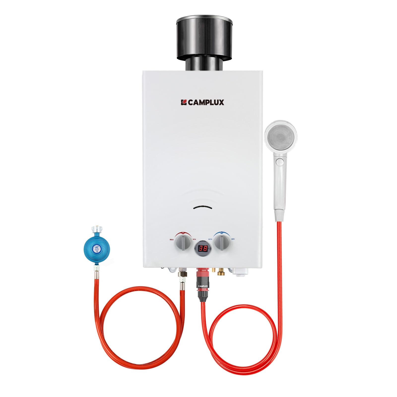 CAMPLUX BW264C-DE 10 Liter Gasdurchlauferhitzer mit Regenkappe, 50mbar Tankless Outdoor-Instant-Gasdusche für Pferd Waschen Camping RV Reise