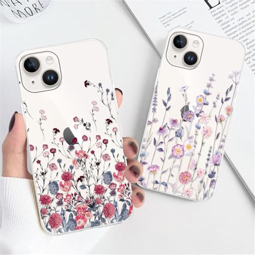 Xylota 2 Pezzi Cover per iPhone 14/iPhone 13 6,1', Trasparente Custodia con Aesthetic Disegni Fiori Donne e Ragazze Cover, Ultra Sottile Silicone Morbida TPU Bumper Antiurto Protettiva Case, Floreale5