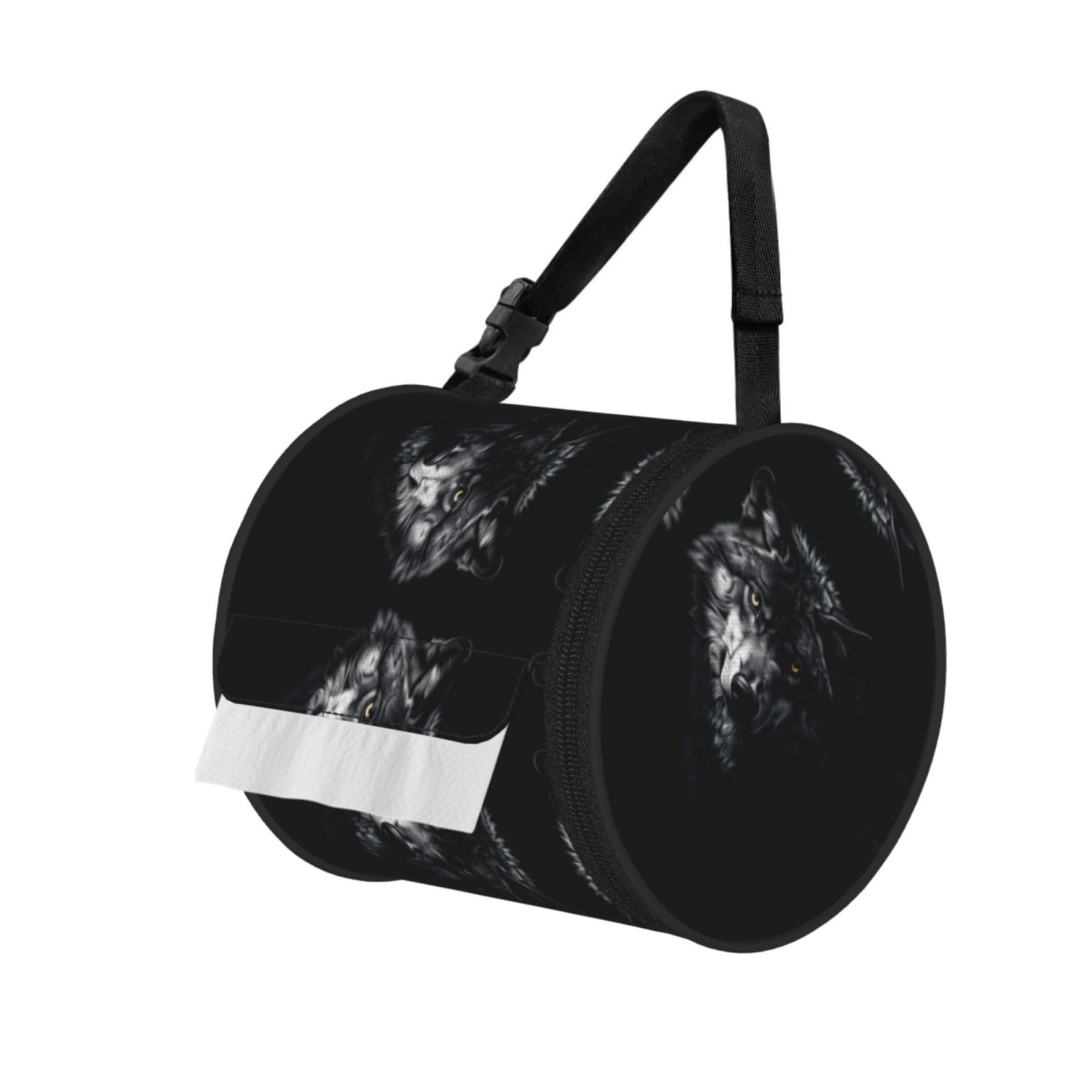 Wolf Pattern On Snow Print Round Tissue Dispenser Bag With Carry Strap, Portable Roll Holder For Car Travel Home