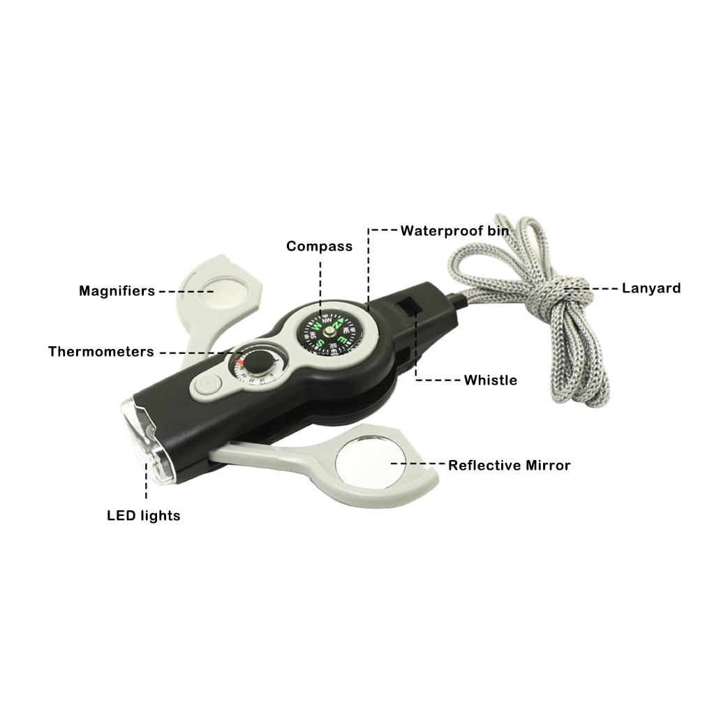 Juego de 10 silbatos de emergencia 7 en 1 con cordón, silbatos ligeros, lupa multifunción, herramientas de supervivencia de seguridad, montañismo