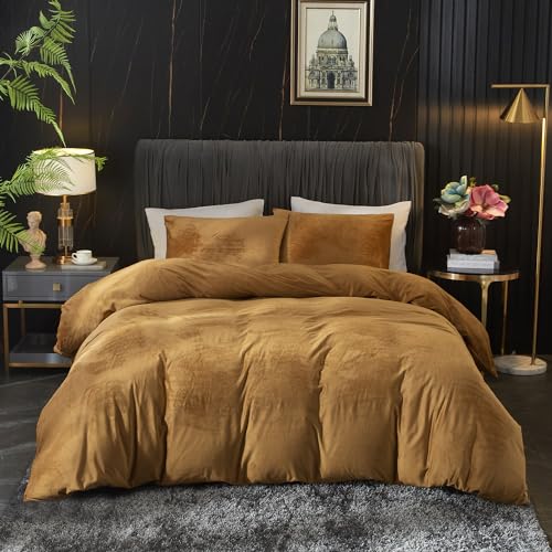 Ivellow Velvet Flannel Duvet Cover King Size Rust Duvet Cover King Velvet Comforter Cover Set Ultra Soft Breathable Cozy Velour Duvet Cover Solid Luxury Bedding Set Zipper Closure Corner Ties