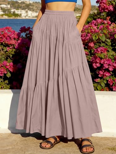 Image of ANRABESS Women's Boho Elastic High Waist Pleated A-Line Flowy Swing Asymmetric Tiered Maxi Long Skirt Dress with Pockets