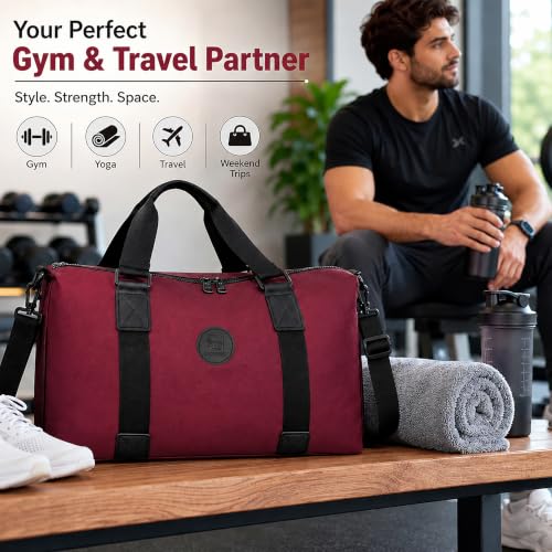 Image of Storite Travel Duffel Bag, Red, 42x14x33 cm | Water Resistant Nylon, Lightweight, Spacious Main Compartment, Adjustable Shoulder Strap, Travel, Gym, Weekend Trips