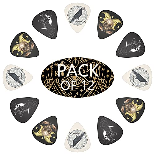 Guitar Picks 12 Pack Skeleton, Black Cat, Sorcery Thin, Medium, Heavy & Extra Heavy Picks With Box,Variety Pack Artistic Celluloid Guitar Pick For Bass Electric Guitar Acoustic Guitar Lovers Gift #TOP15