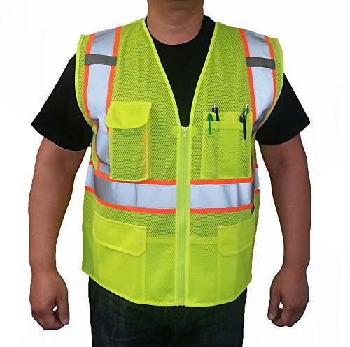 3C Products SV2500,ANSI/ISEA Class 2,High Visibility Mesh Vest,2” Reflective w/Orange Binding,Zipper,9 Pockets,Neon Green,2XL