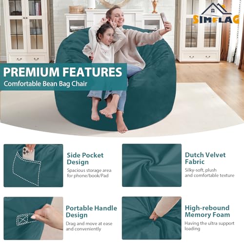 3FT Bean Bag Chair, Comfy Bean Bag Chairs with Memory Foam Filled, Fluffy Beanbag Sofa with Dutch Velvet Cover, Round BeanBag Chairs for Living Room, Playroom - Sea Blue