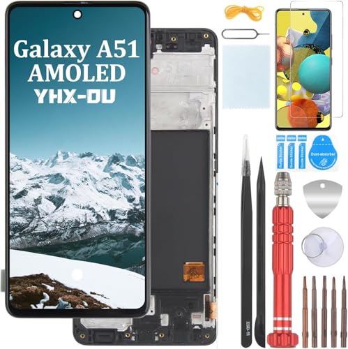 YHX-OU 6.5 Schwarz+Rahmen AMOLED Display für Samsung Galaxy A51 4G SM-A515F LCD Display Touchscreen Ersatz Bildschirm(Support Fingerprint) mit Werkzeug+ 1 Stück Schutzfolie