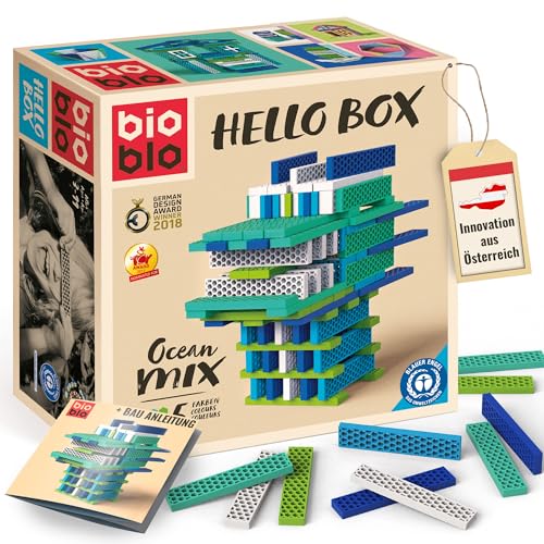 bioblo Hello Box Ocean Mix with 100 Pieces, Sustainable Colourful Building Blocks for Children from 3 Years