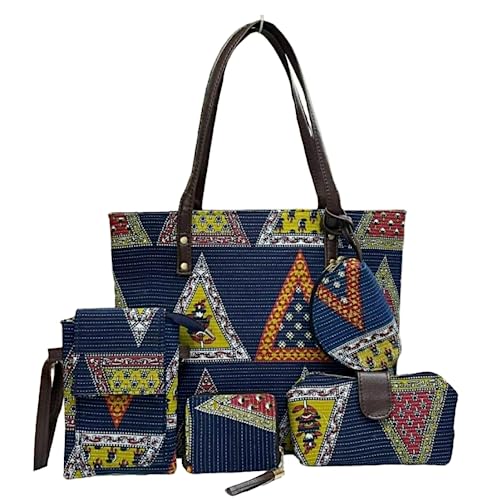Image of P S Traders Online Women's Traditional Printedikkat Cotton 5 Pieces Combo Bag - Navy Blue