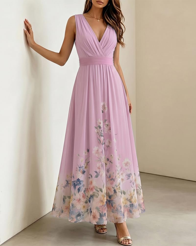 shownicer Vestito Donna Elegante Abito Cerimonia Vestito Lungo Stampa Floreale Senza Maniche Scollo a V Vestiti in Chiffon Estate