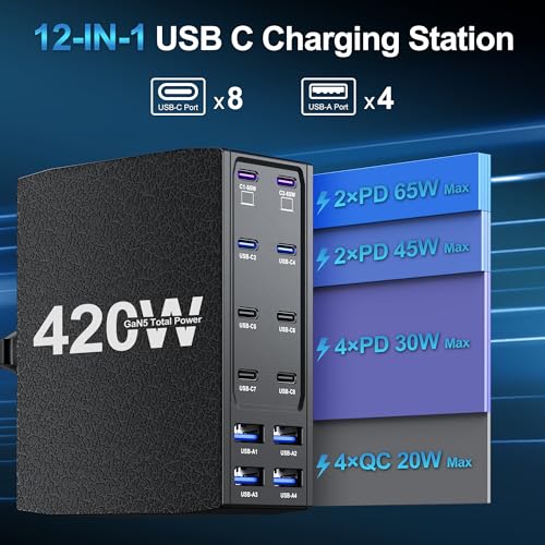 Image of 420W USB C Charger Block, 12-Port USB C Charging Station for Multiple Devices, Leather Texture Dual PD 65W Laptop Fast Charger Compatible with MacBook Pro /Air, iPad, iPhone,Galaxy and More, Black
