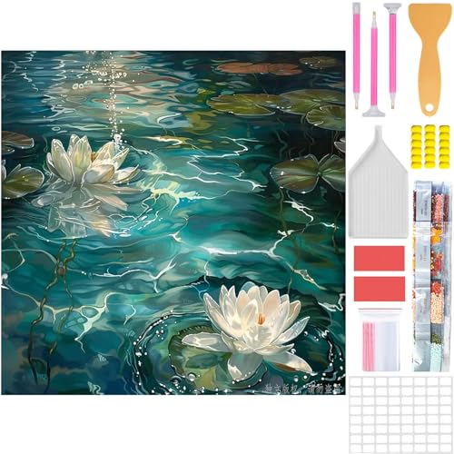 Amyaker ダイヤモンドアート キット 四角いビーズ ダイアモンドビーズ絵画キット 日本語キャンバス DIY 手作り絵画 手芸キット モザイクアート 5D モザイクアート ダイヤモンド塗装 全面貼り付けタイプ 30x30cm 水中白蓮