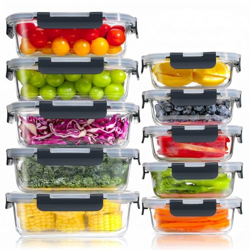 YASHE 10 Piezas Recipientes de Vidrio con Tapas Herméticas, Reutilizables, Apto para Microondas, Horno, Congelador y Lavavajillas, Sin BPA, Fiambrera Cristal, Negro